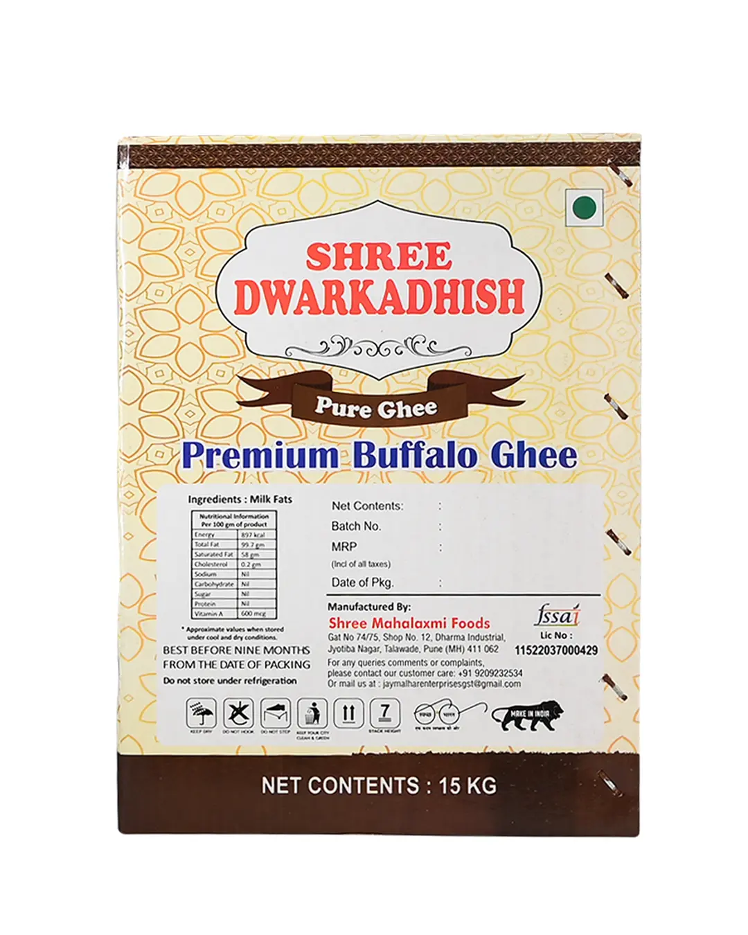 Shree Dwarkadhish Buffalo ghee box 15 kg Back side