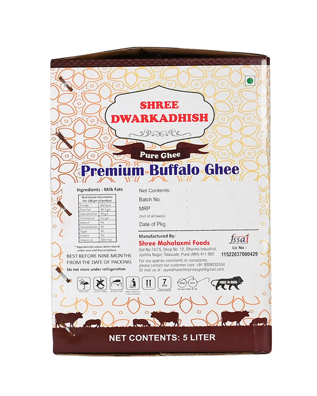 Shree Dwarkadhish Buffalo ghee box 5 kg Back side