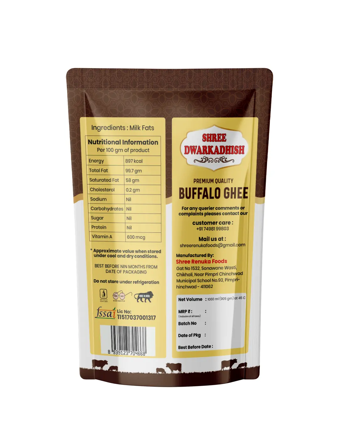Shree Dwarkadhish buffalo ghee 1 litre pouch Back side
