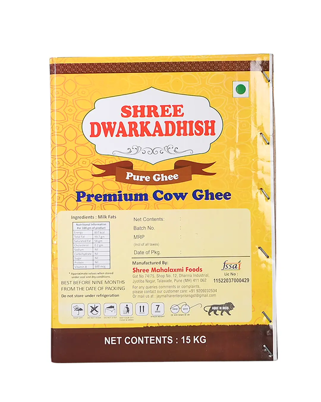Shree Dwarkadhish cow ghee box 15 kg Back side